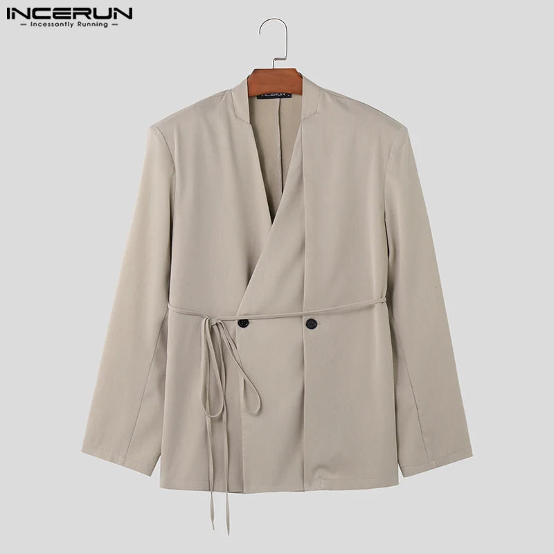 INCERUN Tops 2023 Korean Style New Men's Loose Simple Strapping Double Breasted Suit Coats Collarless Long Sleeved Blazer S-5XL