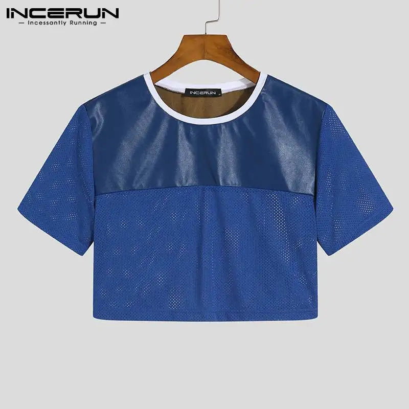 INCERUN Modische Casual Style Neue Herren Atmungsaktive Mesh Camiseta Kurzarm Crop Tops 2023 Patchwork Cropped T-Shirts S-5XL