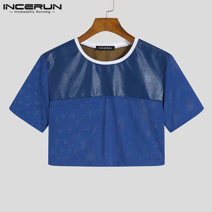 INCERUN Fashionable Casual Style New Men's Breathable Mesh Camiseta Short Sleeve Crop Tops 2023 Patchwork Cropped T-Shirts S-5XL