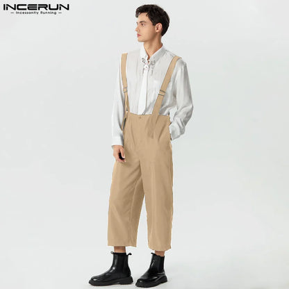 INCERUN 2024 Fashion New Men Rompers Loose High Waisted Wide Leg Jumpsuits Casual Solid Well Fitting Shoulder Strap Pants S-5XL