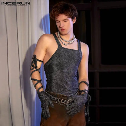 Sexy Fashion Style Tops INCERUN Men's Glitter Fabric Thimble Design Vests Leisure Clubwear Thin Sleeveless Tank Tops S-5XL 2024