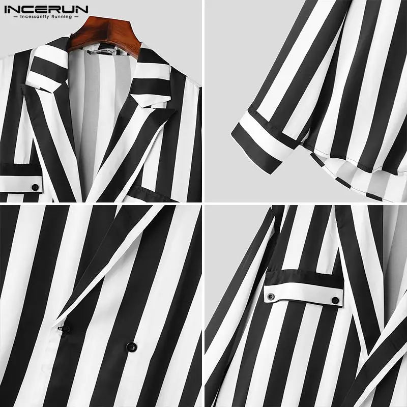 INCERUN Tops 2024 American Style New Men Personality Black&White Striped Pocket Shirts Casual Hot Sale Long Sleeved Blouse S-5XL