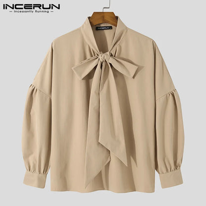 INCERUN Tops 2023 Fashion New Men Loose Long Sleeve Tie Blouse Stylish Solid Hot Sale Comfortable Casual Streetwear Shirts S-5XL