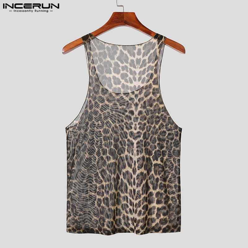 INCERUN Tops 2024 Style américain Sexy Hommes Légèrement Transparent Léopard Imprimé Gilets Décontracté Personnalité U-cou Débardeurs S-5XL