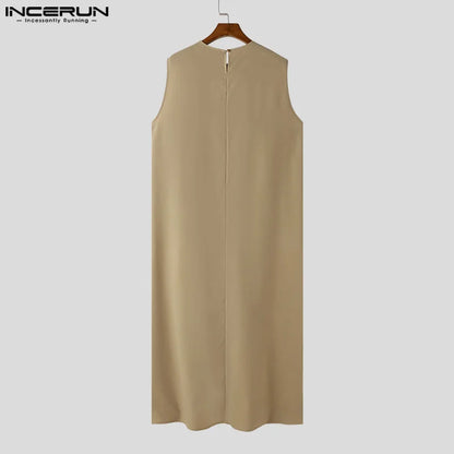 INCERUN 2024 Summer Muslim Robe New Men Jubba Thobe Simple Irregular Hem Long Sleeveless Stylish Isiamic Arabic Solid Robe S-5XL