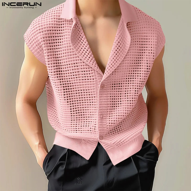 INCERUN Tops 2024 Korean Style Sexy Fashion Mens Hollow Mesh Design Shirts Casual Streetwear Male Summer Sleeveless Blouse S-5XL