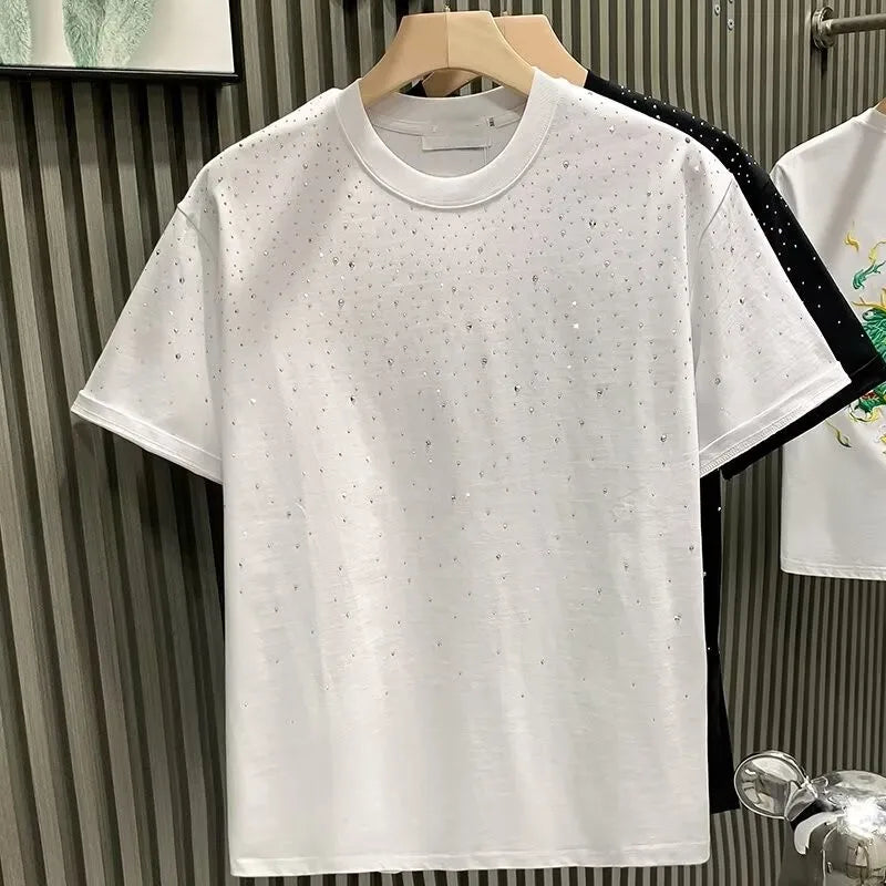 Summer Men's Rhinestone Rivet T-shirt Cotton Round Neck Casual T shirts Fashion High Street 2024 Men Short Sleeves