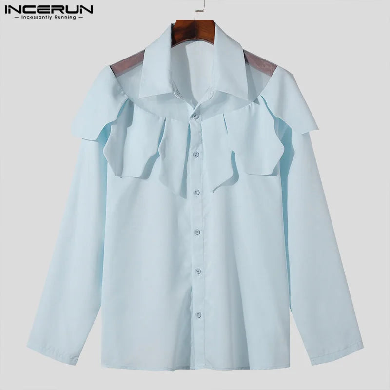 INCERUN Tops 2024 American Style Men's Mesh Splicing Multi Piece Style Shirts Casual Fashionable Male Long Sleeved Blouse S-5XL