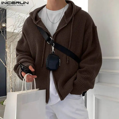 INCERUN Tops 2023 Style coréen hommes à capuche Pit tricoté pull décontracté streetwear mâle double tête fermeture éclair à manches longues à capuche S-5XL