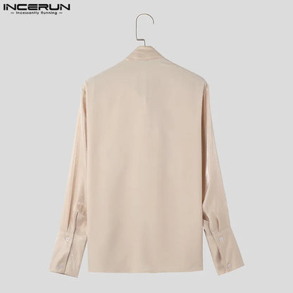 Casual Simple Tops INCERUN Men Ribbon Pleated Glitter Design Shirts Handsome Male Solid All-match Long Sleeved Blouse S-5XL 2024