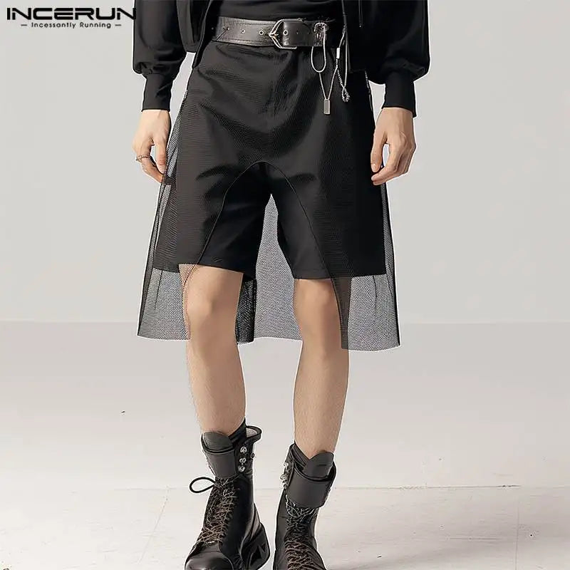 INCERUN 2024 Short de style américain pour homme, streetwear à la mode, faux short de conception en deux pièces, short solide en maille épissé S-5XL