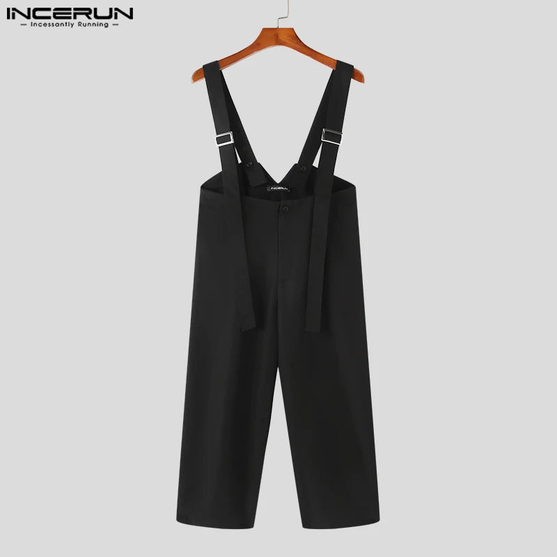 2023 männer Overalls Solide Oversize Koreanische Ärmellose Streetwear Straps Strampler Mode Lässig Männer Breite Bein Overalls S-5XL INCERUN