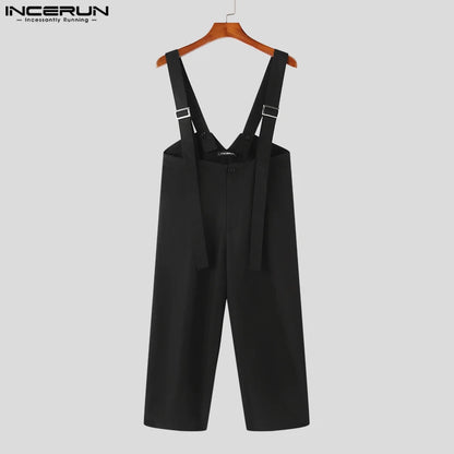 2023 Men Jumpsuits Solid Oversize Korean Sleeveless Streetwear Straps Rompers Fashion Casual Men Wide Leg Overalls S-5XL INCERUN