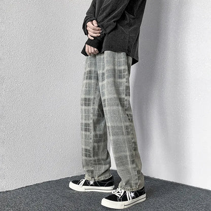 HOUZHOU Plaid Jeans Denim Pants Men Korean Wide Leg Checked Trousers Male Distressed Streetwear Bottoms Harajuku Vintage