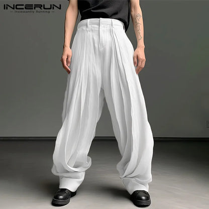 INCERUN 2024 Korean Style New Men Trousers Pleated Solid Color Long Pants Casual Streetwear Male Loose All-match Pantalons S-5XL