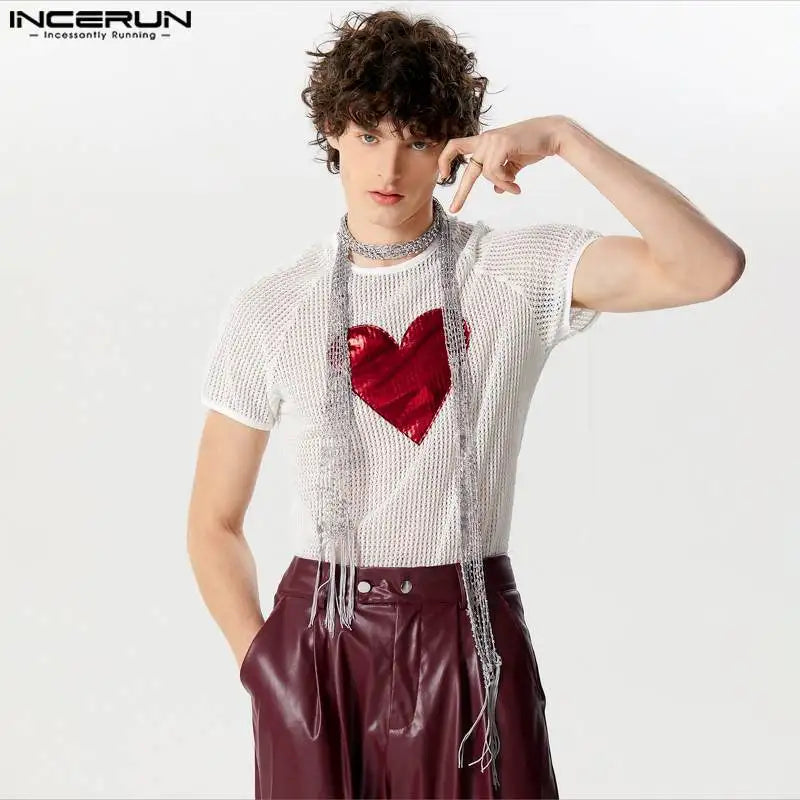 INCERUN Tops 2024 American Style Fashion New Men Hollow Heart Pattern Splicing Camiseta Personality Short Sleeved T-shirts S-5XL