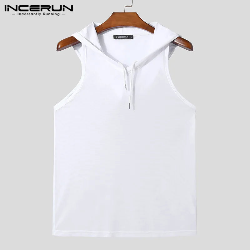 INCERUN Männer Tank Tops Mesh Transparent Mit Kapuze Ärmelloses V-ausschnitt Männlichen Westen Streetwear Einfarbig Sexy 2024 Mode Männer Kleidung