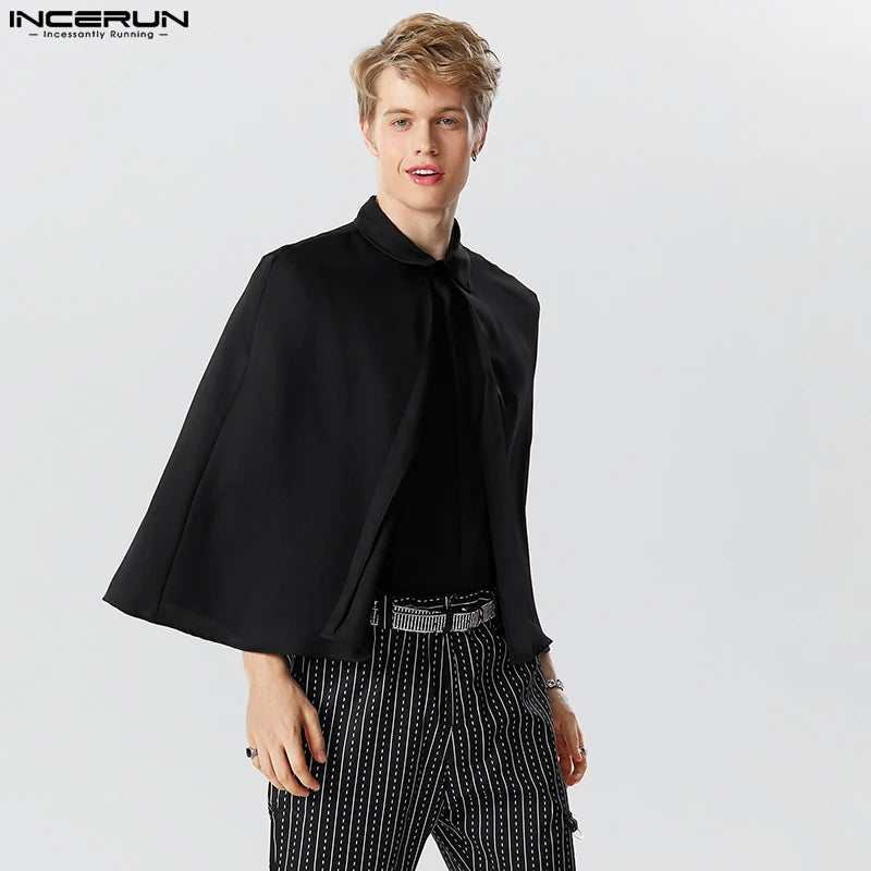 INCERUN Tops 2023 Style américain Nouveau Hommes Mode Solide Cape Faux Deux Conception Chemisier Décontracté Solide À Manches Courtes Chemises S-5XL