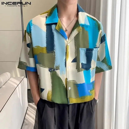 Handsome Well Fitting Tops INCERUN New Men Colorful Square Contrast Printed Shirts Fashion Funny Short Sleeved Blouse S-5XL 2024