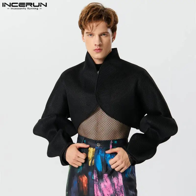 INCERUN Tops 2023 American Style Sexy Men's Cropped Mesh Design Suit Coats Fashion Bubble Sleeves Loose Silhouette Blazer S-5XL