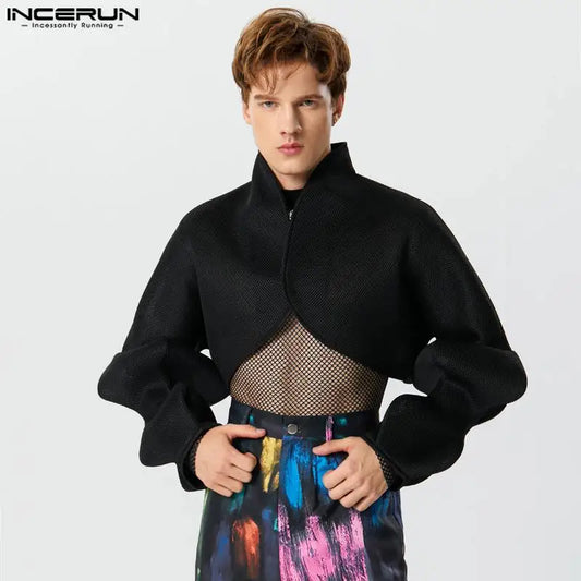 INCERUN Tops 2023 Style américain Sexy Hommes Court Maille Conception Costume Manteaux Mode Bulle Manches Lâche Silhouette Blazer S-5XL