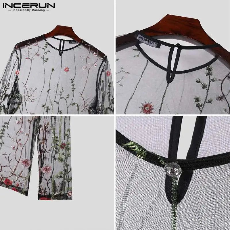 INCERUN Tops 2024 American Style Fashion Men Perspective Mesh Print Pattern T-shirt Sexy Thin O-neck Long Sleeved Camiseta S-5XL