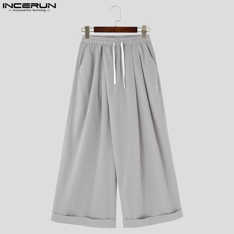 INCERUN 2024 Korean Style Trousers Men Solid All-match Long Pant Leisure Streetwear Male Hot Sale Loose Wide Leg Pantalons S-5XL