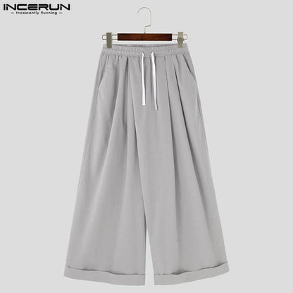 INCERUN 2024 Korean Style Trousers Men Solid All-match Long Pant Leisure Streetwear Male Hot Sale Loose Wide Leg Pantalons S-5XL