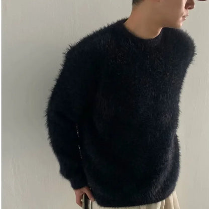 HOUZHOU Mohair Sweaters Men Korean Thicken Warm Knitting Autumn Winter Loose Casual Long Sleeve Pullovers Fleece Streetwear