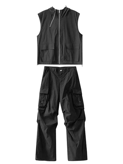 HOUZHOU Ensemble pantalon cargo gilet à capuche été 2 pièces tenue japonaise sans manches costume homme coréen streetwear hip hop grande taille 5XL