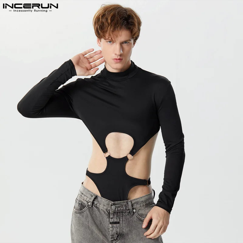 INCERUN 2023 Sexy Men's Rompers Hollow Deconstruction Design Jumpsuits Male Half High Neck Long Sleeved Triangle Bodysuits S-5XL