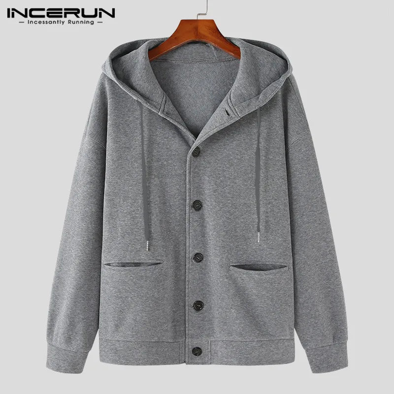 INCERUN Tops 2023 Korean Style Mens Solid Loose Fitting Hooded Button Design Sweater Casual All-match Hot Sale Sweatshirts S-5XL