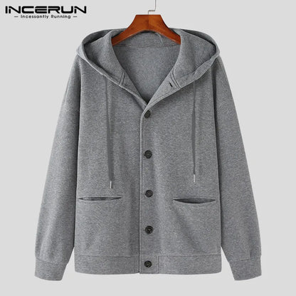 INCERUN Tops 2023 Koreanische Stil Herren Solide Lose Sitzende Mit Kapuze Taste Design Pullover Casual Alle-spiel Heißer Verkauf Sweatshirts S-5XL