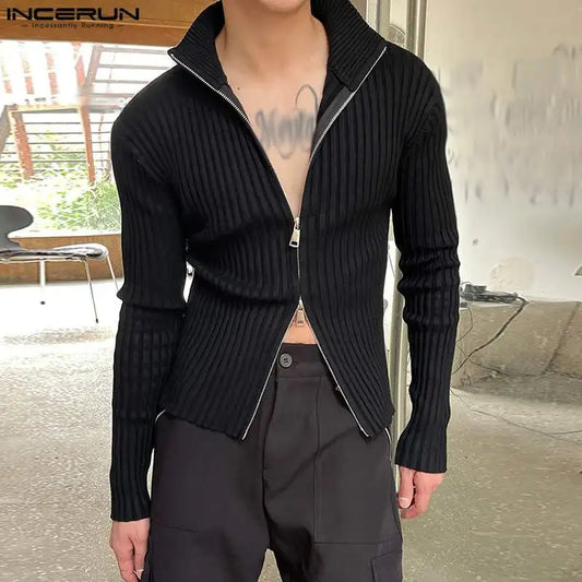 INCERUN 2023 Men T Shirts Solid Knitted Zipper Turtleneck Long Sleeve Casual Men Clothing Streetwear Autumn Fashion Tee Tops