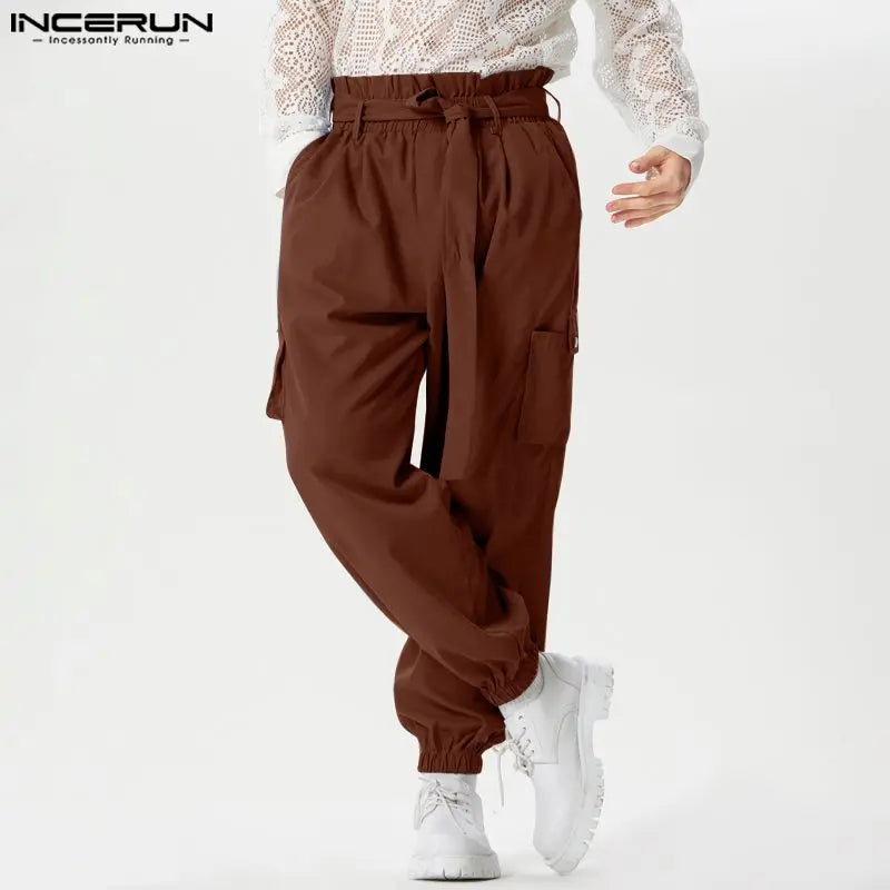 INCERUN Men Cargo Pants Solid Joggers Elastic Waist Trousers Men With Belt Streetwear Loose 2024 Fashion Casual Pantalon S-5XL