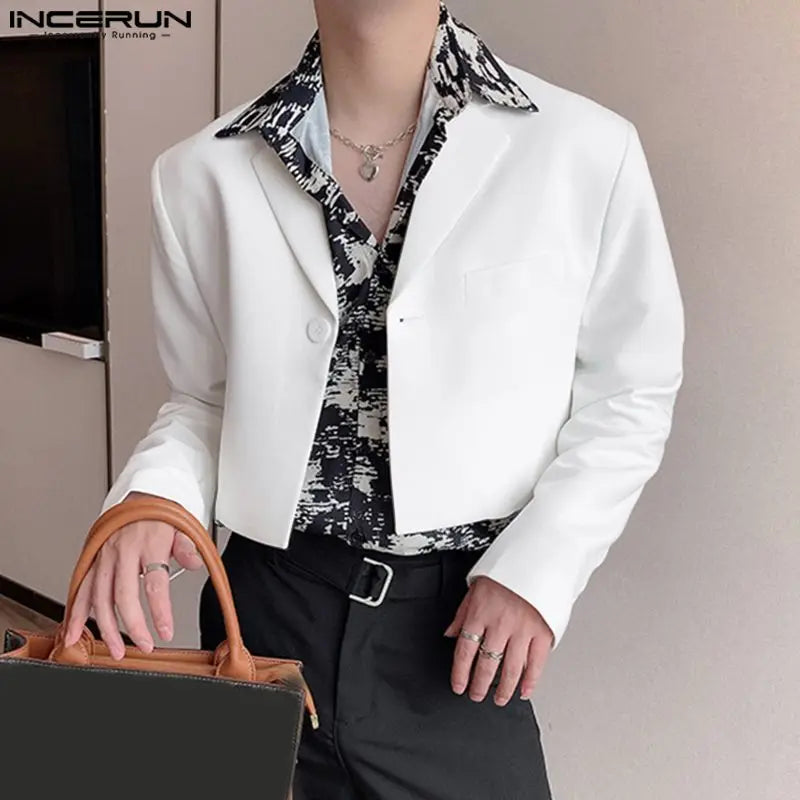 2023 Men Blazer Solid Color Lapel Long Sleeve Autumn Casual Suits One Button Streetwear Fashion Male Crop Coats S-5XL INCERUN