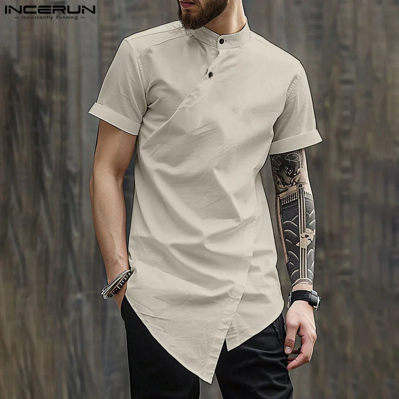 Fashion Casual Style Tops INCERUN New Men's Slanted Placket Irregular Hem Shirts 2024 Male Stand Neck Short Sleeved Blouse S-5XL