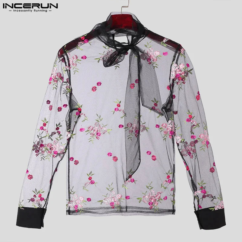 INCERUN Tops 2024 Neue Männer Bestickte Blumenperspektive Mesh-Shirts Sexy Stilvolle Männliche Dünne Langarm-Krawattenkragenbluse S-5XL