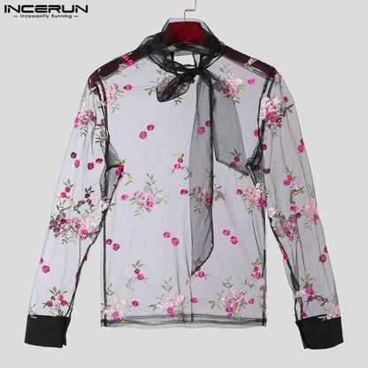 INCERUN Tops 2024 New Men Embroidered Flower Perspective Mesh Shirts Sexy Stylish Male Thin Long Sleeved Tie Collar Blouse S-5XL