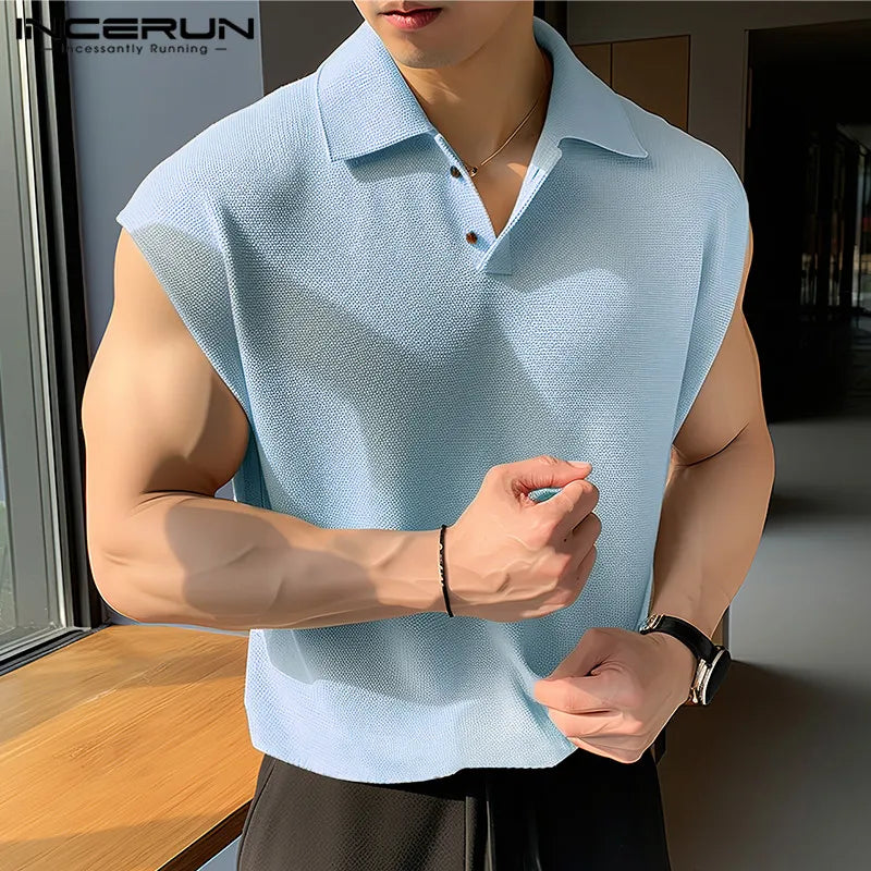 INCERUN Tops 2024 Koreanische Stil Herren Gestrickte Solide Revers Westen Freizeit Streetwear Männlichen Einfache Heißer Verkauf Ärmellose Tank Tops S-5XL