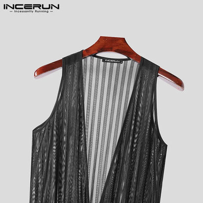 2024 Men Jumpsuits Mesh Transparent Striped Deep V Neck Sleeveless Streetwear Male Rompers Drawstring Fashion Overalls INCERUN