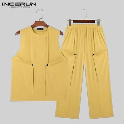 INCERUN Men Sets Solid Color Streetwear O-neck Sleeveless Tank Tops & Pants 2PCS Summer Loose Fashion Men's Casual Suits S-2XL