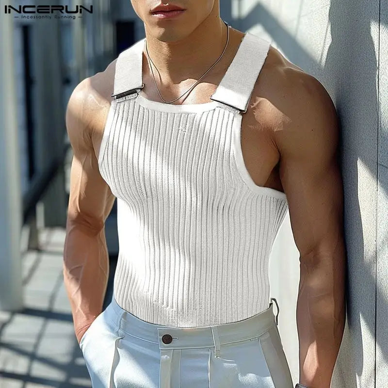 INCERUN Tops 2024 Koreanische Stil Männer Gestrickte Pit Strap Westen Sommer Casual Streetwear Männlichen Solide Einfache Ärmellose Tank Tops S-5XL