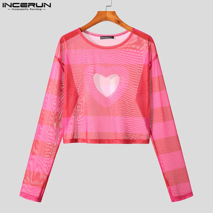 INCERUN Tops 2023 American Style New Men's Hollowed-out Love Pattern Camiseta Fashion Casual Printed Long-sleeved T-shirts S-5XL