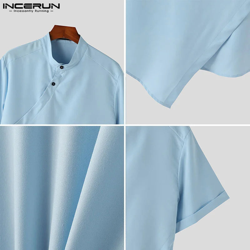 Fashion Casual Style Tops INCERUN New Men's Slanted Placket Irregular Hem Shirts 2024 Male Stand Neck Short Sleeved Blouse S-5XL