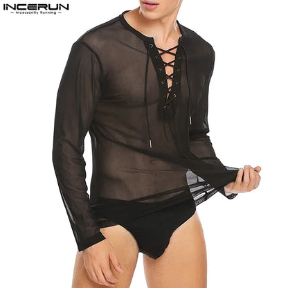 INCERUN Tops 2023 Style américain Hommes Mode Sexy Maille Cordon T-shirts Loisirs Confortable Mince Manches Longues Camiseta S-3XL