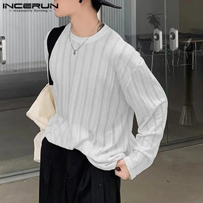 Fashion Casual Style Tops INCERUN 2024 Men's Hollow Texture Vertical Stripe T-shirts Male Thin Knitted O-neck Long Sleeved S-5XL