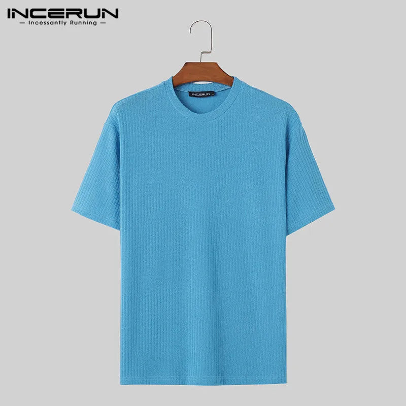 INCERUN Tops 2024 Korean Style Mens Solid Simple Knitted Fabric T-shirts Casual Well Fitting O-neck Short Sleeved Camiseta S-5XL