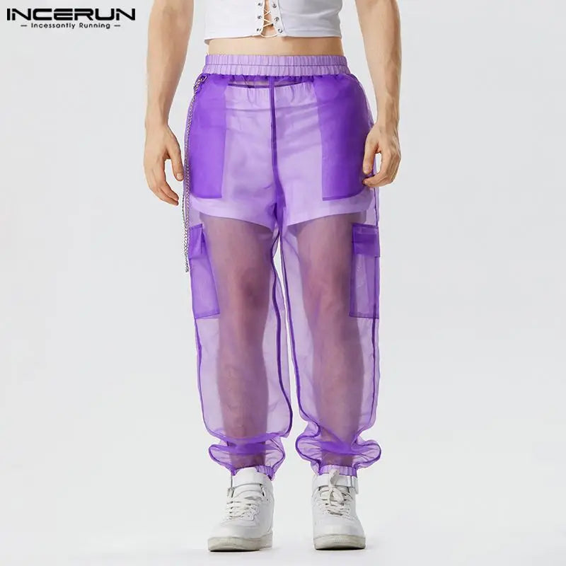 2023 Fashion Men Pants Mesh Transparent Joggers Sexy Elastic Waist Trousers Men Loose Pockets Streetwear Pantalon S-5XL INCERUN