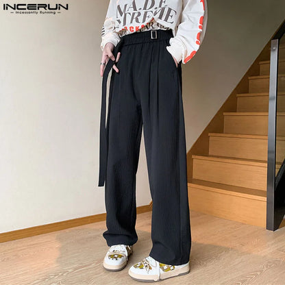 INCERUN 2024 Korean Style Trousers Men's Pleated Striped Loose Pants Casual Solid Comfortable Drape Straight Leg Pantalons S-5XL